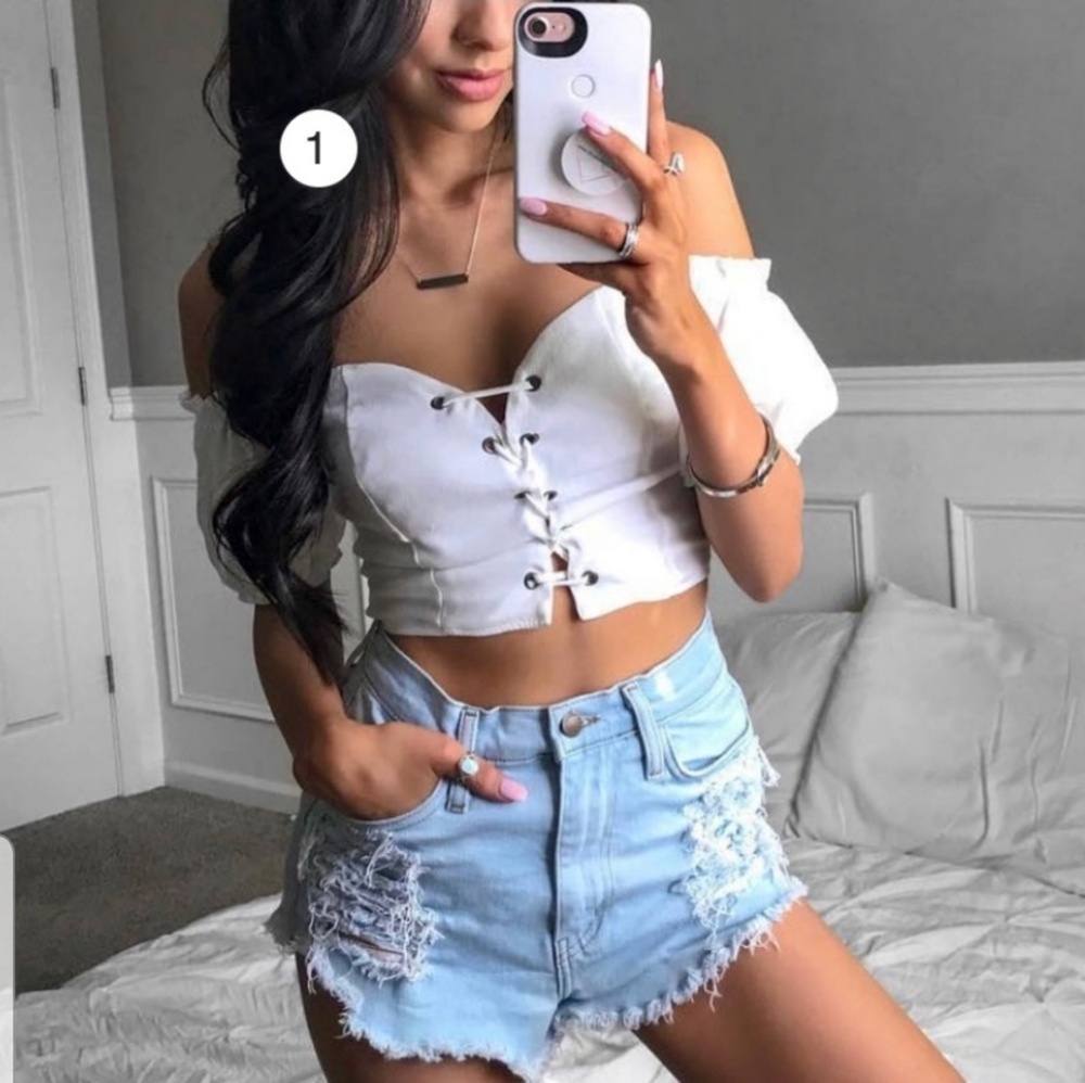 White off the shoulder lace up top